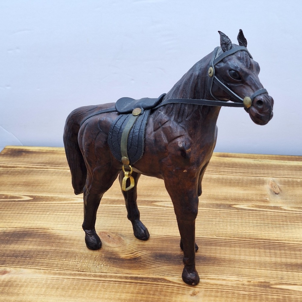 Vintage Leather Horse Figure Glass Eyes Statue Display Horse Decoration India